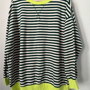 Women's Striped Green and White Sweater with Neon Accents